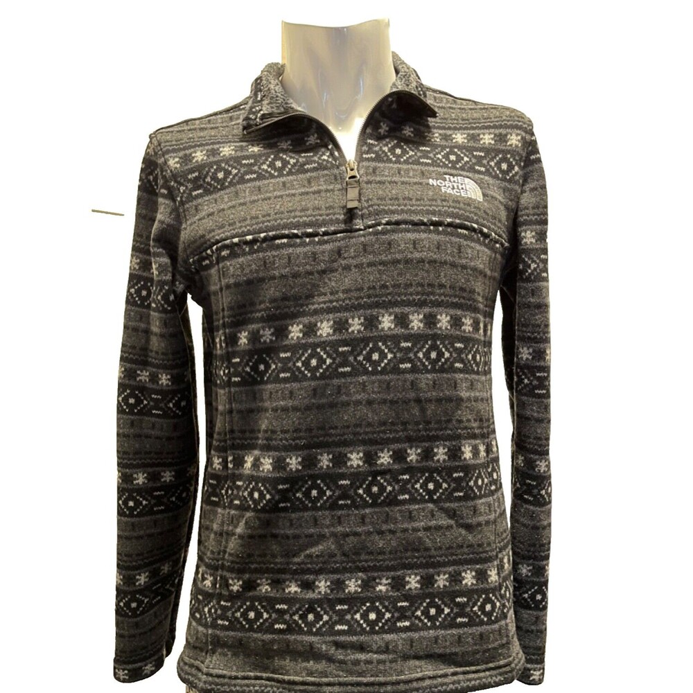The North Face Tsillan Mens Medium 1/4 Zip Sweater Black Gray Fair Isle Med